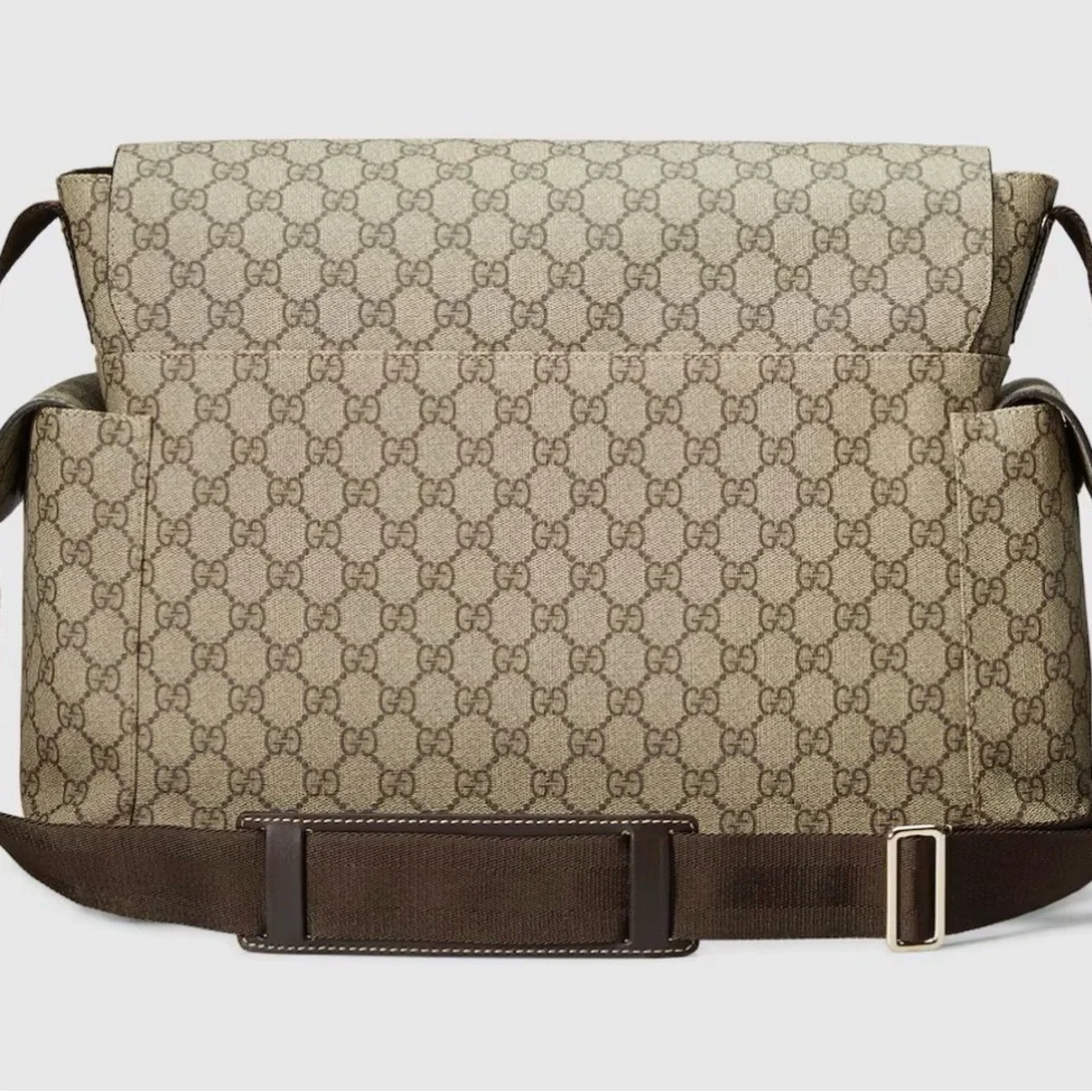 Gucci Beige GG Supreme Messenger Diaper Bag with Brown Strap Authentic